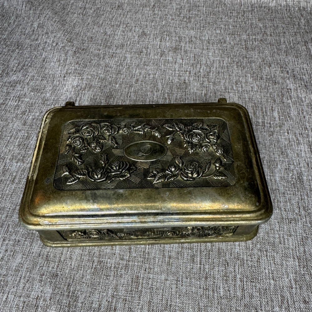 Vintage Ornate Metal Jewelry Trinket Box Embossed Floral Navy Velvet Monogram D